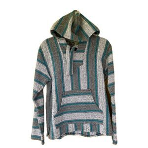 Vintage Senor Lopez Mexican Baja Hoodie Blue Turquoise Gray w/ Pocket Women’s L